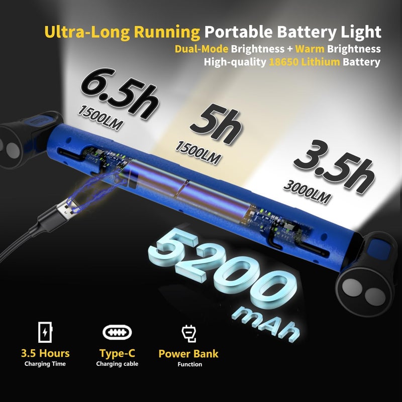 MechaniLite Under Hood Work Light Bar, 3000LM LED Magnetic Light Bar with Hooks, 5200mAh Cordless Rechargeable Hood Light for Mechanic/Car Repairing/Garage-Blue - Image 3